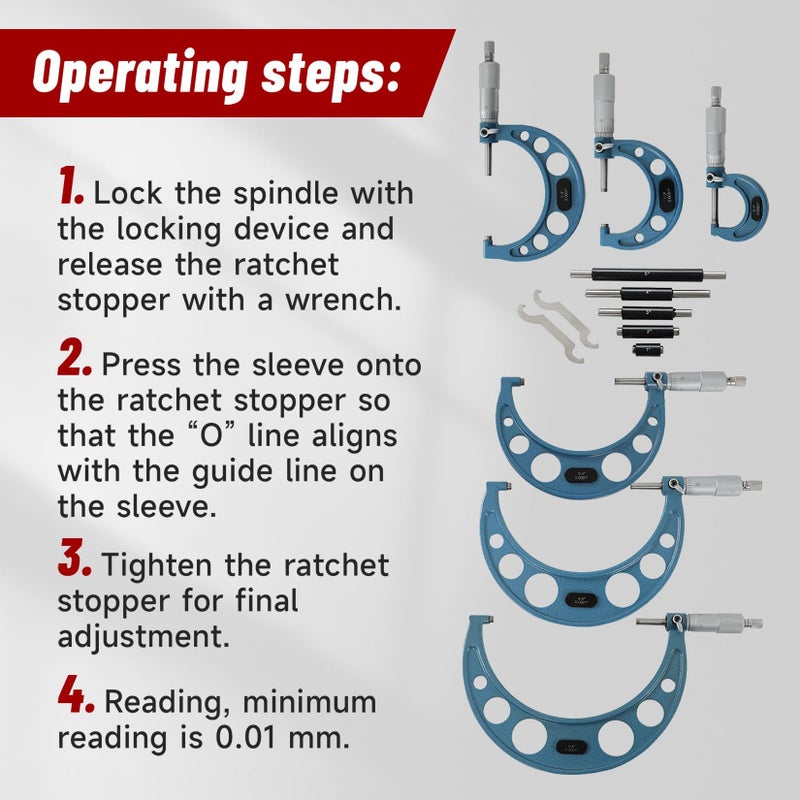 findmall 0-6" Outside Micrometer Set (0-1", 1-2", 2-3", 3-4", 4-5", 5-6"), 0.0001" Accurate Carbide Ratchet Handle Accuracy Machinist Tool Set with Carbide Tip - Image 3
